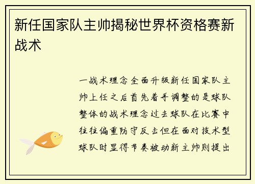 新任国家队主帅揭秘世界杯资格赛新战术